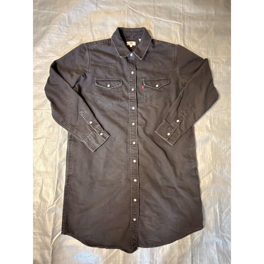 Levis Mens Large Black Denim Pearl Snap Western Shirt Long Sleeve Flap Pockets